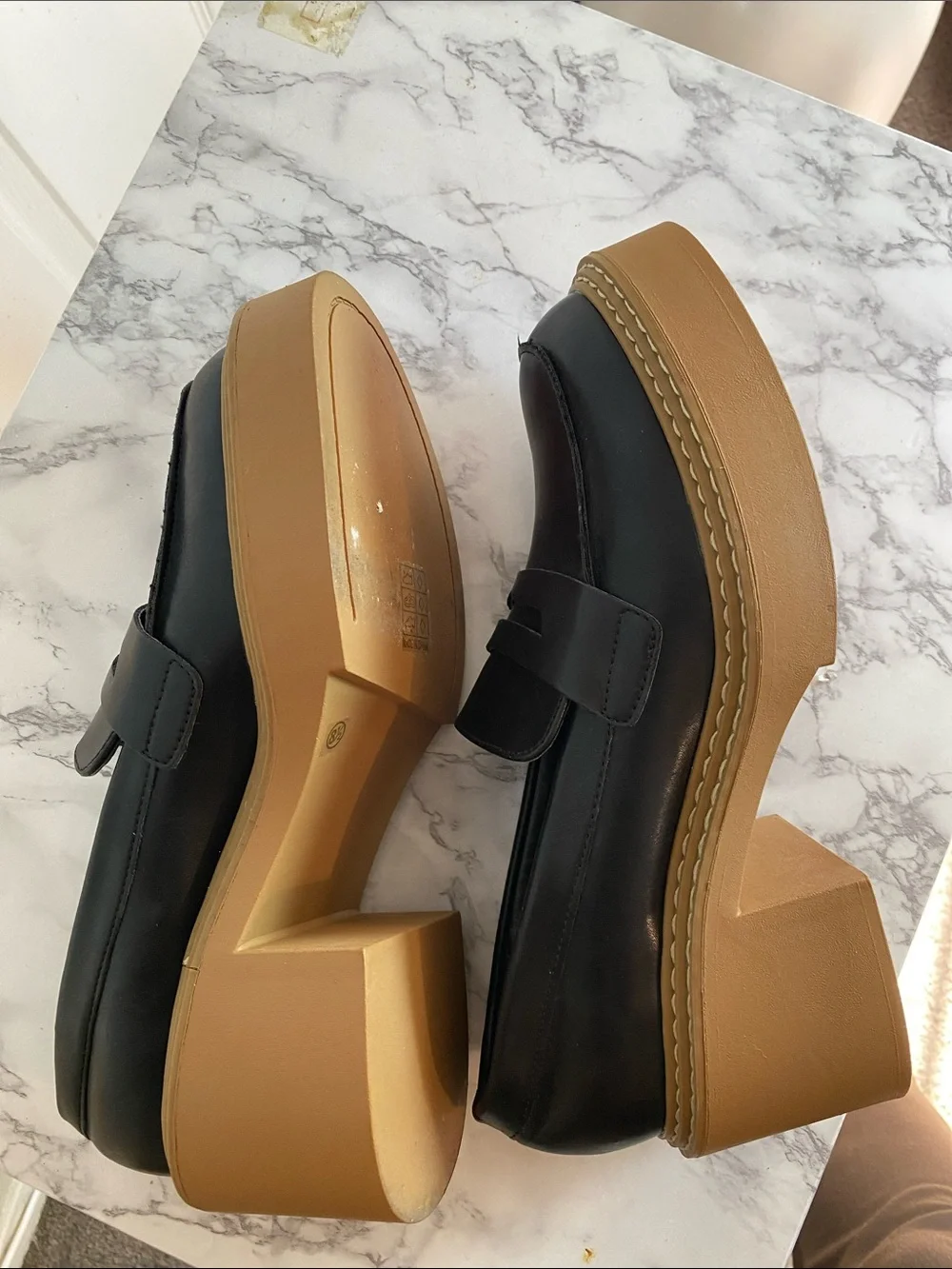 ShuShop Black Leather Platform Penny Loafers with Tan Sole Size 8.5 Chunky Block
